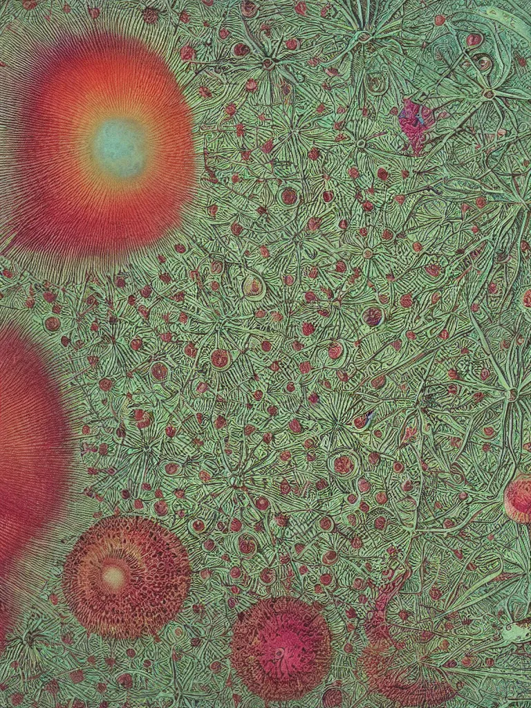 Prompt: Lithograph color print plate of fractalized Stephoidea and Diatoms, by Haeckel and Beksinski, detailed plant and fungi illustrations from Codex Seraphinianus, vivid color hues