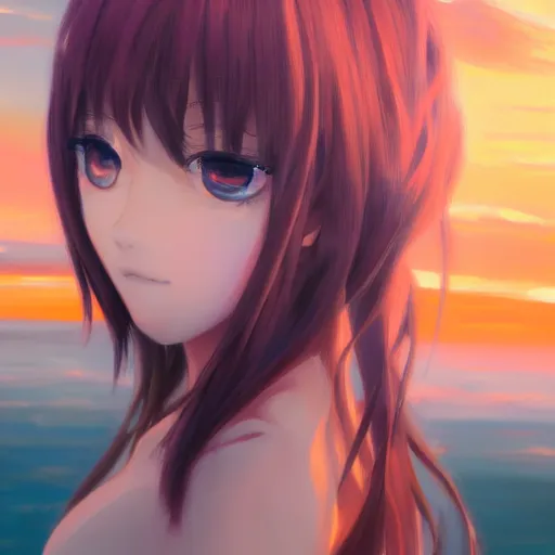 Prompt: an anime girl portrait, sunset, ocean in distance, oil painting, pale colors, high detail, 8 k, wide angle, trending on artstation,