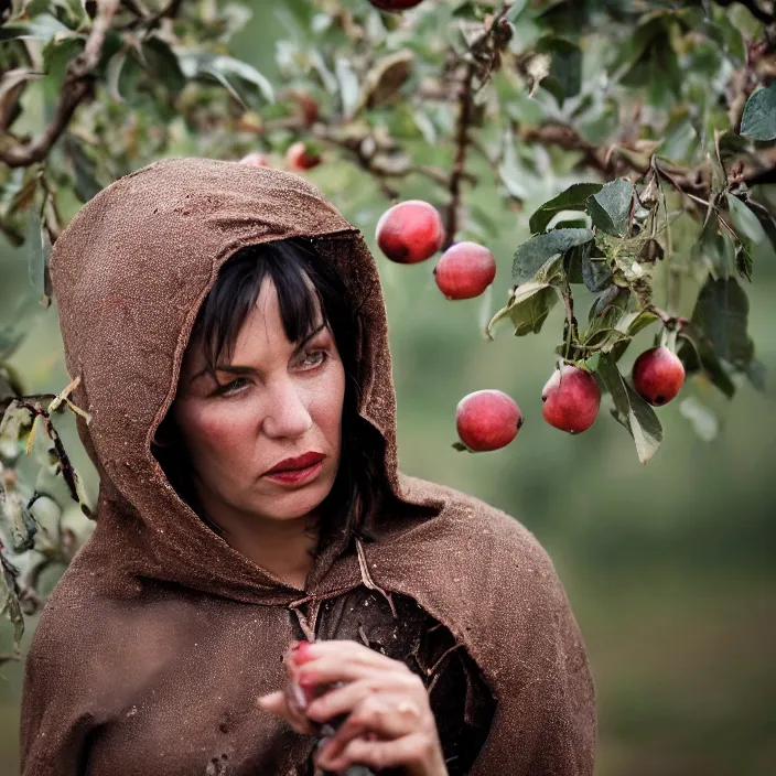 Prompt: a closeup portrait of a woman wearing a hood made of holes and rusted nails, picking pomegranates from a tree in an orchard, foggy, moody, photograph, by vincent desiderio, canon eos c 3 0 0, ƒ 1. 8, 3 5 mm, 8 k, medium - format print