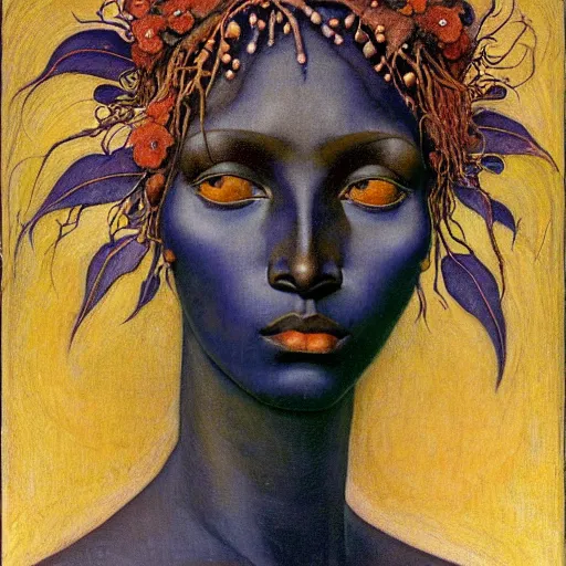 Prompt: beauteous dark skinned tree spirit with iridescent eyes. by annie swynnerton and diego rivera and elihu vedder and lucien freud and jean delville. symbolist. dramatic lighting. elaborate geometric ornament. flowers and leaves. art brut. sharp focus. extremely detailed. adolf wolfli. nicholas roerich