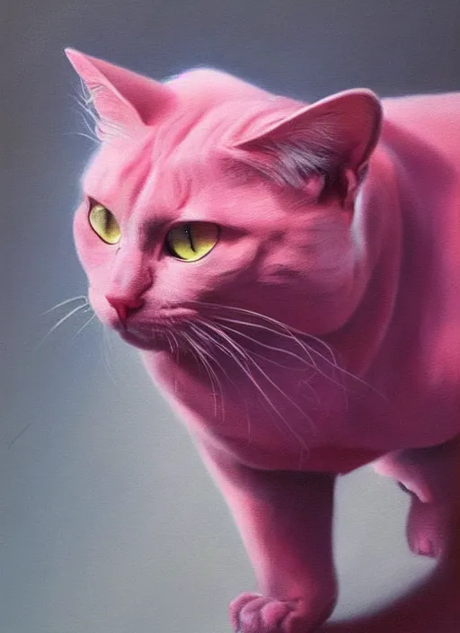 Image similar to a portrait of a pink cat, art by boris vallejo and greg danton and denys tsiperko, detailed, hyperrealism, artstation