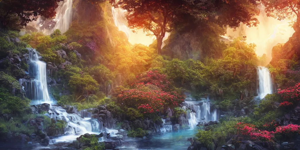 Image similar to beautiful mountain hot springs surrounded by waterfalls, lush trees and flowers, date trees, ivory towers, sun setting, ross tran, nephilim, pyroclastic flow, ethereal, fantasy, James Jean, oozium, peter morbacher, angelarium, alchemy, luxury, heavenly light, Soft illumination, Trending on artstation, Cinematic Lighting, digital painting, octane render, artgerm