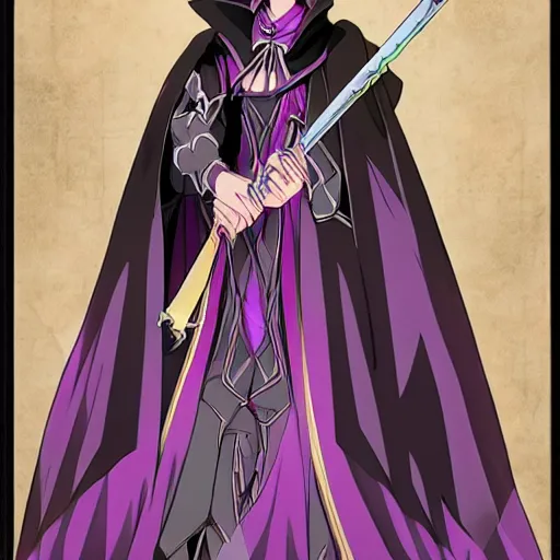 Prompt: an attractive anime female necromancer mage symmetrical, donned in black cloak with purple staff full body in frame