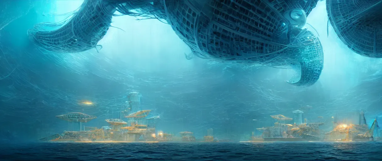 Prompt: hyperrealistic hyper detailed underwater neo-dystopian city of atlantis surrounded by giant pearlescent jellyfish matte painting concept art maciej kuciara hajime sorayama cinematic soft orange lighting low angle hd 8k sharp shallow depth of field