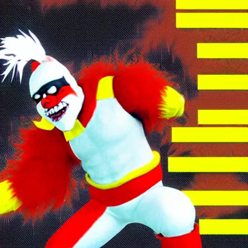 Image similar to screenshot of ronald mcdonald, white face, red afro, red nose and yellow outfit as fight enemy in 9 0's mortal kombat 3, mk 3, mortal kombat 3, sega genesis video game, upscaled to high resolution