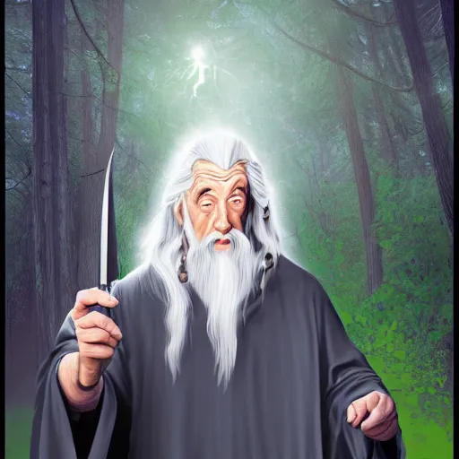 Image similar to Gandalf holding a flashlight in his hand inside a dark forest, digital art