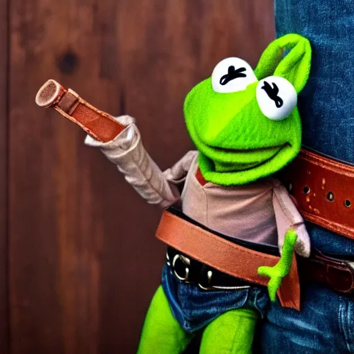 Prompt: kermit the frog with dynamite strapped to his belt