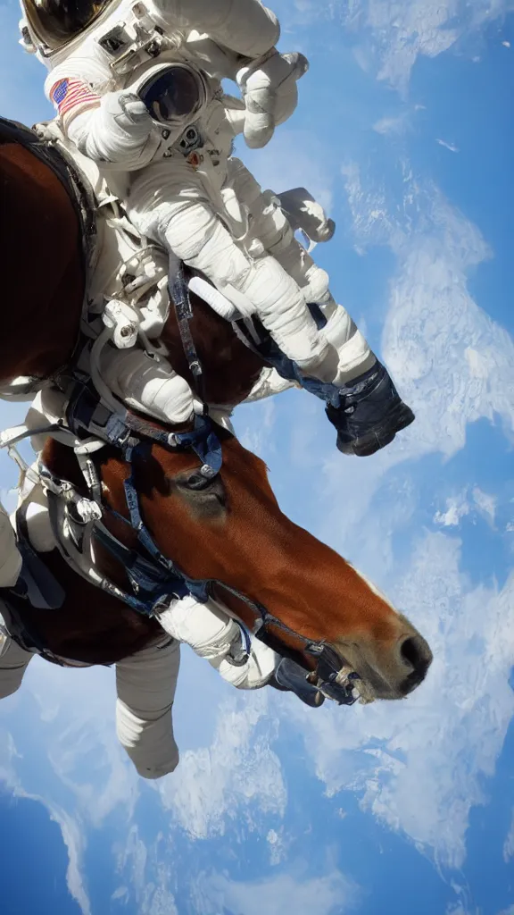 Prompt: astronaut takes a selfie, horse behind his back, a horse in the background, a horse riding an astronaut, no gravity, a horse on the back of an astronaut, small horse, huge astronaut, cinematic, fantasy, low angle, from below