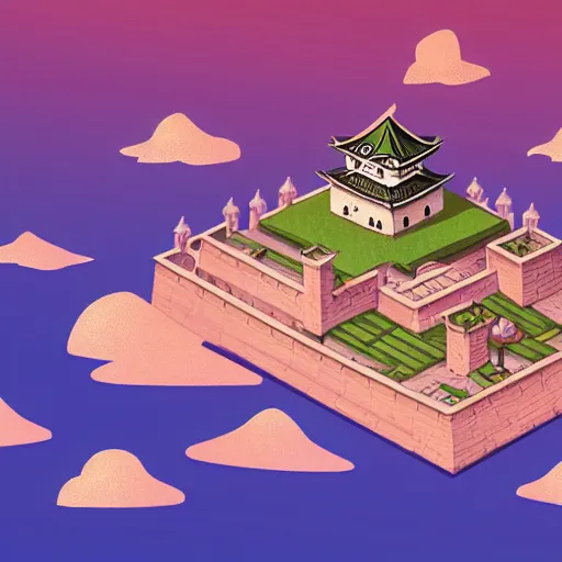 Image similar to ! dream isometric view of a japanese fortress castle, dynasty, fanciful, colorful, illustration, artstation award, geometrical, isometric