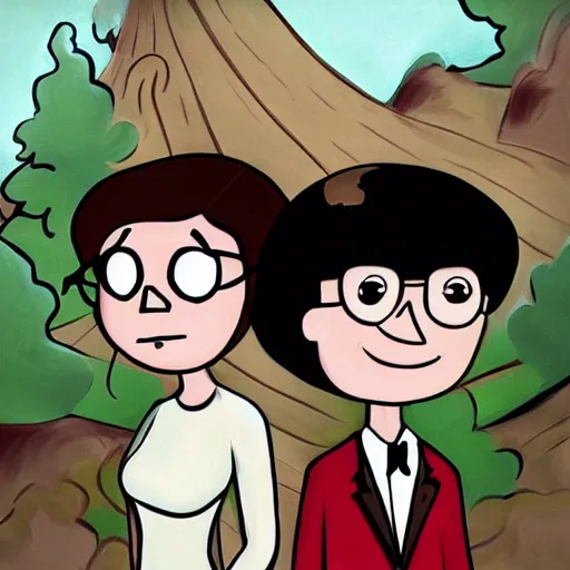 Image similar to a scrinshort of beautiful painting, wedding couple in style of gravity falls cartoon, coherent symmetrical faces