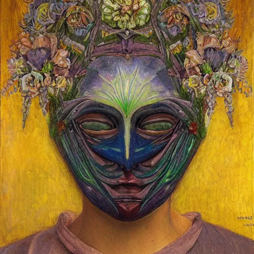 Prompt: masterpiece painting of a facemask made of flowers, by annie swynnerton and jean delville and tino rodriguez and diego rivera, flower mask, flower shaman, spooky dark psychedelic, symbolist, dramatic lighting, god rays, elaborate geometric ornament, clean crisp graphics, soft cool colors, smooth sharp focus, extremely detailed