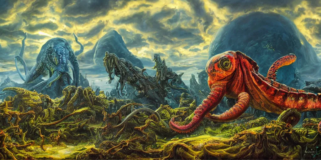 Image similar to fantasy oil painting, great leviathan, cybernetic turtle cephalopod terrapin reptilian pachyderm squid, bella hadid, milla jovovich, anubis, hybrid, epic natural light, lush plants flowers, spectacular mountains, bright clouds, luminous sky, outer worlds, golden hour, michael cheval, edward hopper, michael whelan, vray, hd