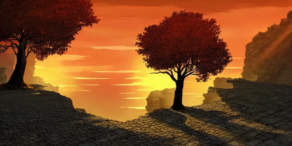 Prompt: a lonely cobblestone street with a tree on a cliff over the sea at sunset, backlighting, brightly illuminated by rays of sun, in the style of Broken Sword: 2