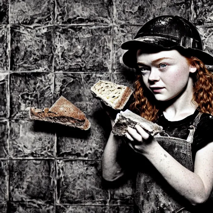 Image similar to extreme close - up on sadie sink as a miner : she lifts a chunk of bread with her hand. background : black!! tiles on walls. black and white, pencil and ink. by gabriel hardman, joe alves, chris bonura. cinematic atmosphere, detailed and intricate, perfect anatomy