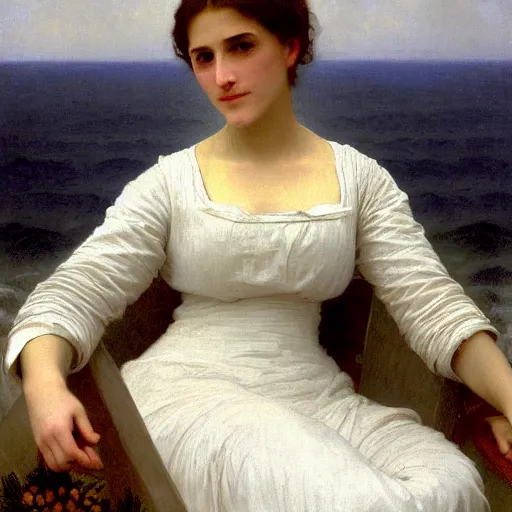Image similar to A portrait of a woman in a long white dress in front of an ocean with overcast skies, backlit, painting by William-Adolph Bouguereau