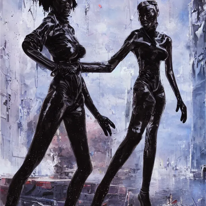 Image similar to slim and cute african domme mistress, full body, black supremacy, rubber and latex, postapocalyptic, smooth white surroundings, future, high tech, concept art, realistic painting, digital art by john berkey, by takashi murakami