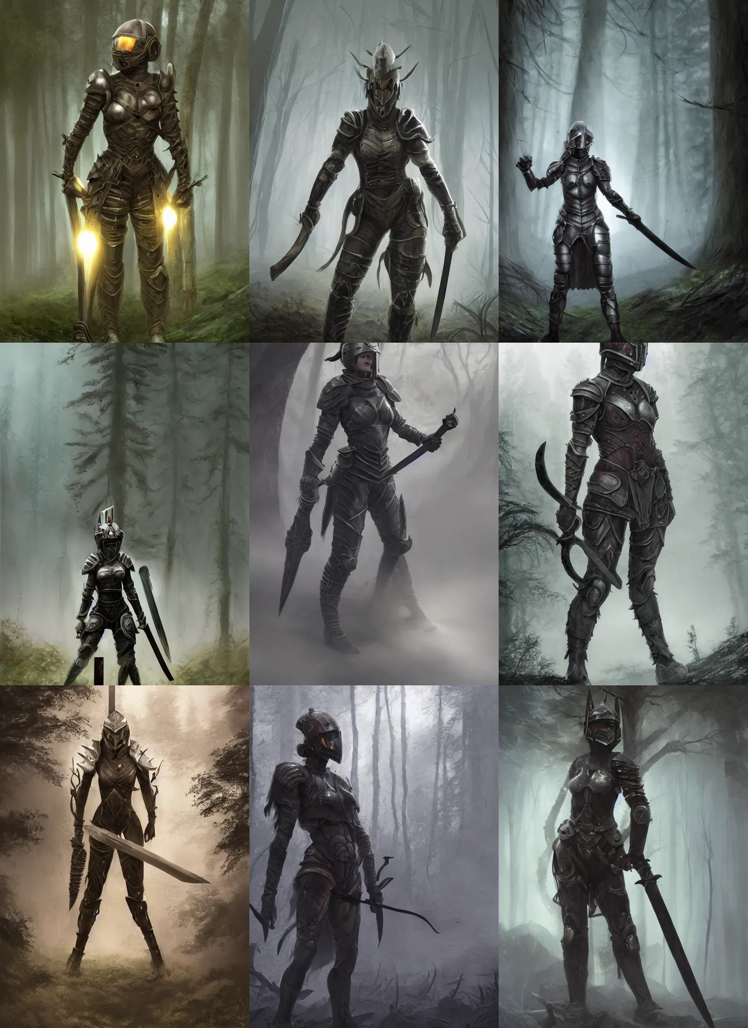 Prompt: a matte painting, a helmeted female warrior, wearing battle worn mechanic armor, wielding twin swords, misty forest, the forest plains of north yorkshire, good value control, concept art, digital painting, sharp focus, knight, sci-fi elden ring, symmetrical, single character full body, 4k, illustration, glowing eyes, rule of thirds, centered, moody colors, moody lighting