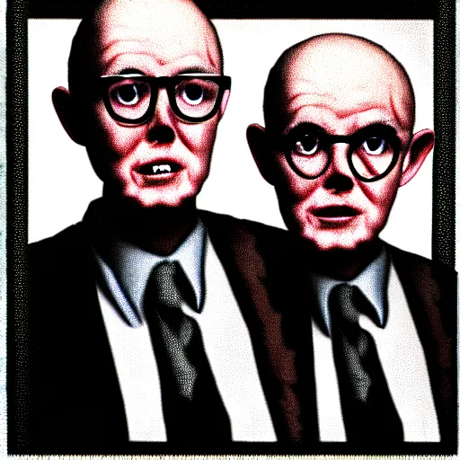 Prompt: image of gilbert and george being possessed by the ghost of alan turing, chromatic aberration, noise, butcher billy style
