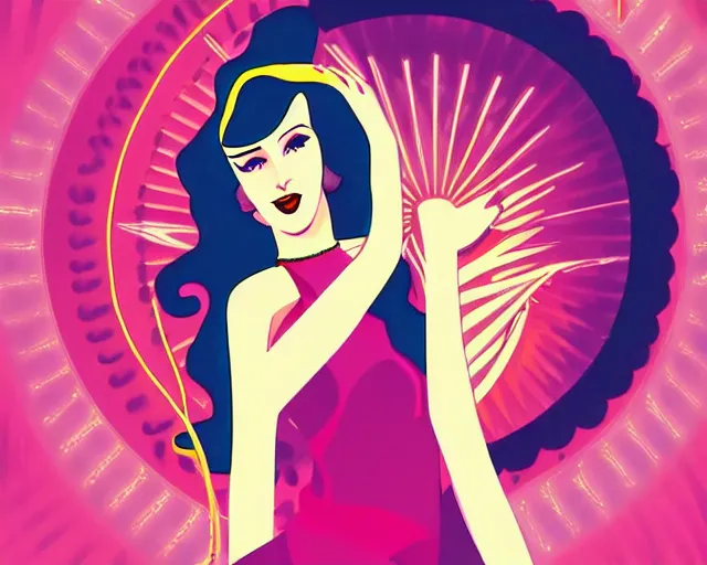 Image similar to teenage cher dancing in art deco style, champagne commercial, artstation, illustration, bright, cheerful, detailed and intricate environment