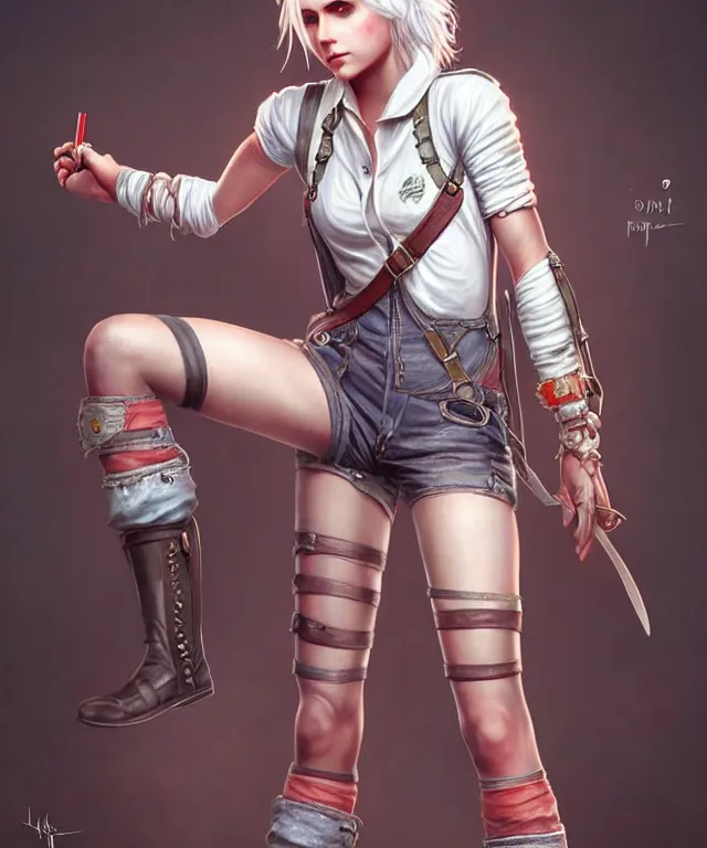 Image similar to full body pose, ciri, torn overalls, short shorts, combat boots, beautiful, highly detailed face, true anatomy!, extremely detailed!, digital painting, unreal engine 5, art by tom bagshaw