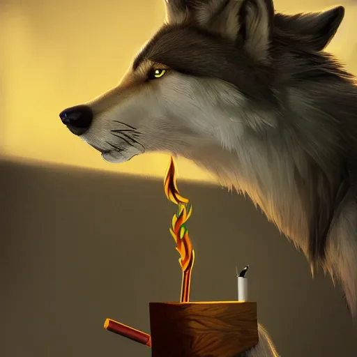 Image similar to A Detailed Award Winning Masterpiece trending on artstation of an Anthropomorphic Wolf smoking a joint,