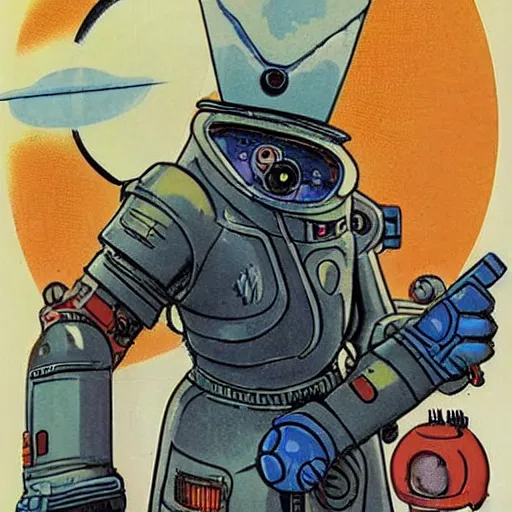 Image similar to a robot hunter from bloodborne in a hat on a space station, retrofuturism, faded color, for 1 9 7 0 s'sci - fi, by malcolm smith