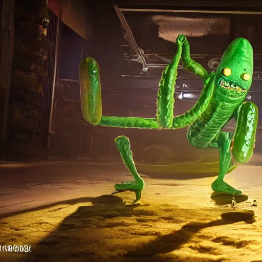 Image similar to full body pose, hyperrealistic photograph of pickle rick, dim volumetric lighting, 8 k, octane beautifully detailed render, extremely hyper detailed, intricate, epic composition, cinematic lighting, masterpiece, trending on artstation, very very detailed, stunning, hdr, smooth, sharp focus, high resolution, award, winning photo, dslr, 5 0 mm