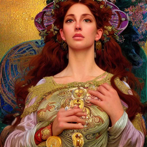 Prompt: an portrait of a beautiful alluring female goddess, detailed, centered, digital painting, artstation, concept art, donato giancola, Dante Gabriel Rossetti, alphonse mucha, Joseph Christian Leyendecker, WLOP, Boris Vallejo, Annie Leibovitz and Steve McCurry, David Lazar, Jimmy Nelsson, Breathtaking, 8k resolution, extremely detailed, beautiful, establishing shot, artistic, hyperrealistic, beautiful face, octane render