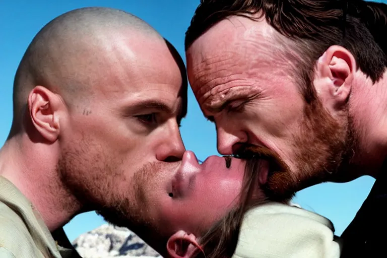 Prompt: wide angle shot of walter white passionately kissing jesse pinkman on the mouth