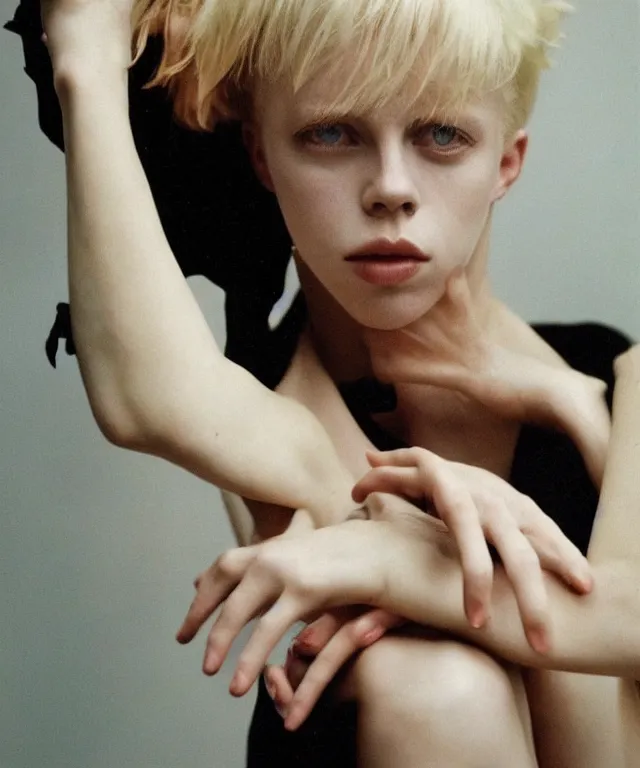 Image similar to a color photograph of edie campbell, bleached blonde short hair, by nan goldin, intense, bold, hyperrealistic, ultra sharp, extra details, ultra high quality, trending on pinteresst