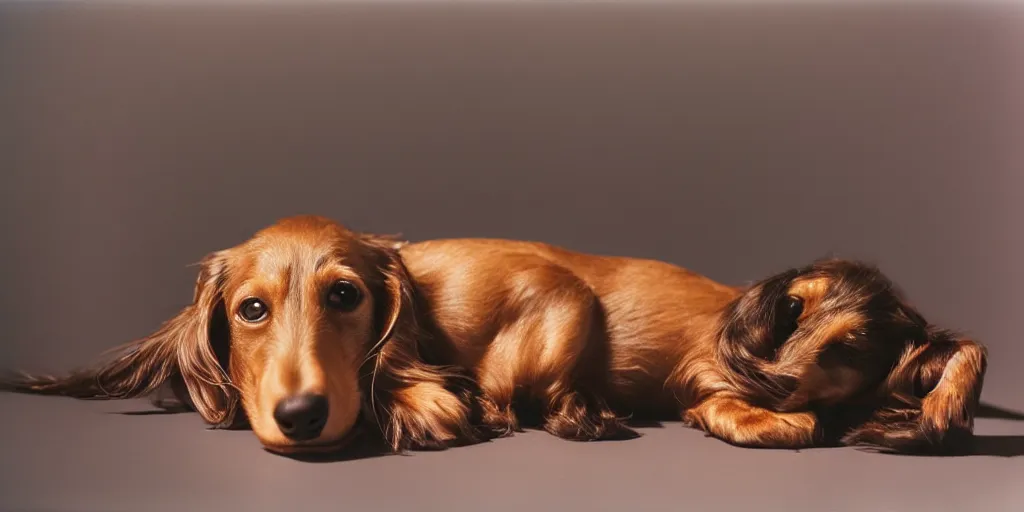 Image similar to A longhaired dachshund sleeps on a sausage in zero gravity, by Salvador Dalí, studio lighting, harmony color, Leica M6, 85 mm