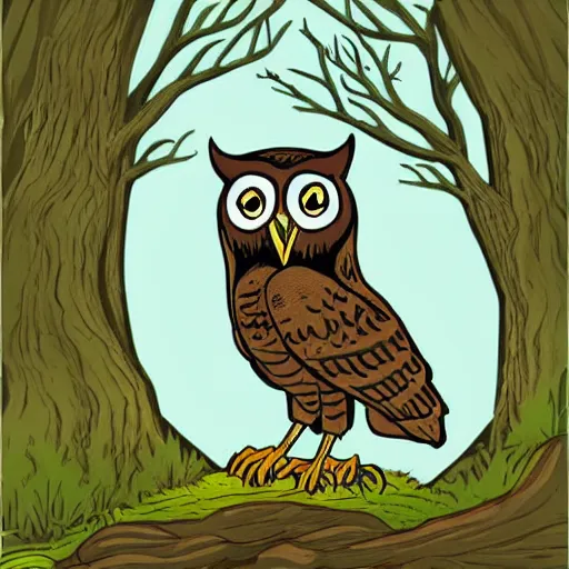 Image similar to a cartoon picture of an owl of athena!! in the woods, a storybook illustration by arabella rankin, behance contest winner, context art, storybook illustration, nightscape, digital illustration