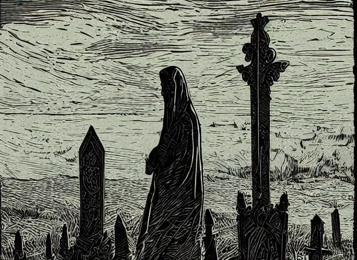 Prompt: woodcut print, ghost in graveyard at midnight by greg rutkowski