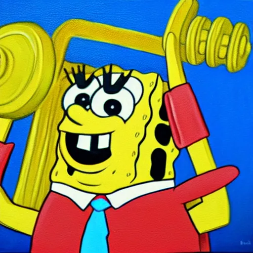 Image similar to oil painting of spongebob squarepants lifting weights