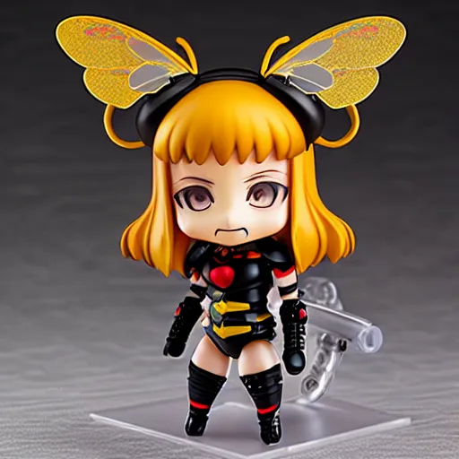 Prompt: photograph of cute bee nendoroid with themed armor with crimson - black metal bee wings, portrait, hyperdetailed, artstation, cgsociety, 8 k, by tangerine dream