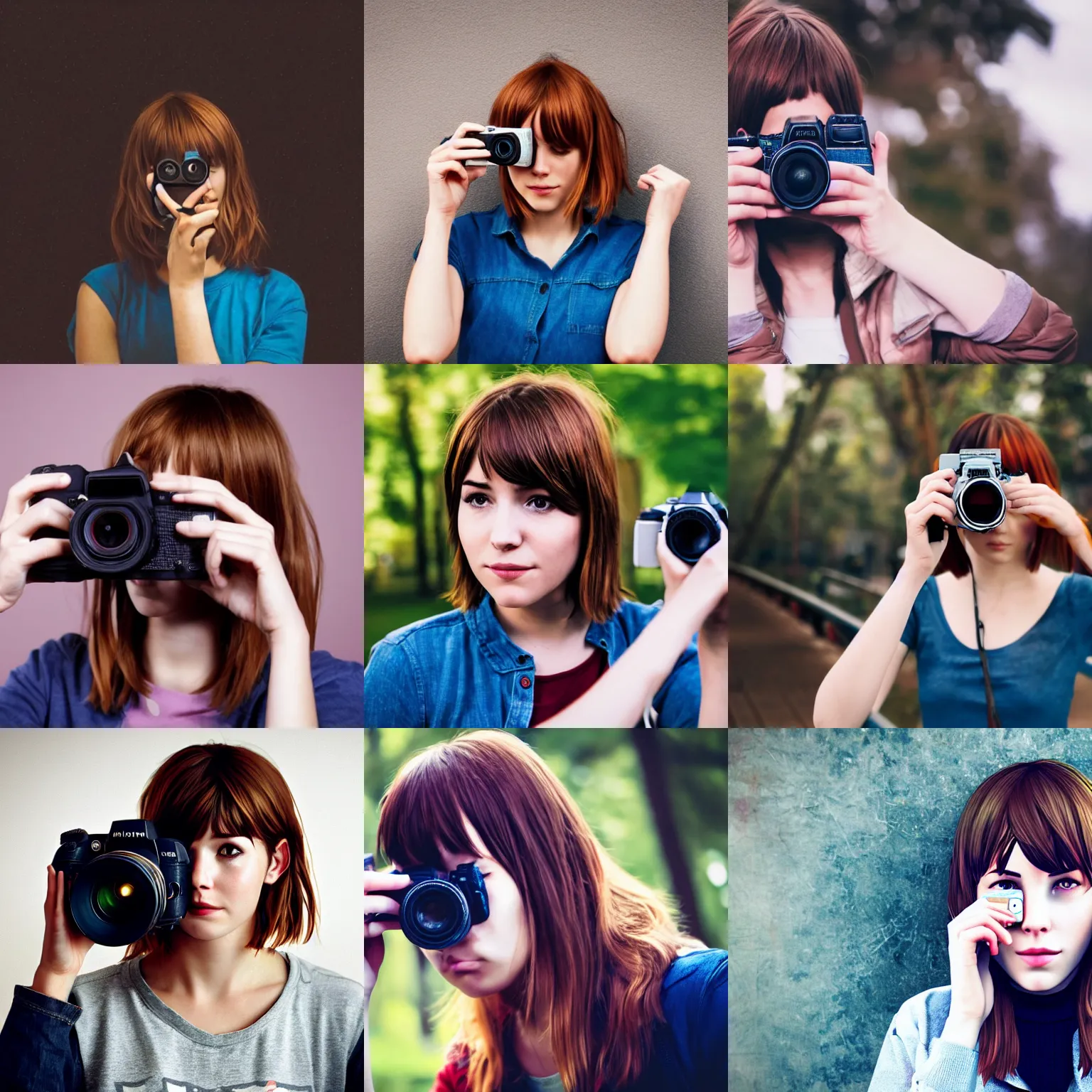 Prompt: max caulfield from life is strange, taking a picture, face covered by the camera, a stock photo by helen dahm, shutterstock contest winner, art photography, dslr camera, dslr, telephoto lens