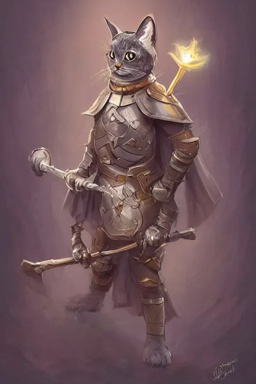 Image similar to cute little anthropomorphic cat knight wearing a cape and a crown, tiny, small, miniature cat , baby animal, short, pale blue armor, cute and adorable, pretty, beautiful, DnD character art portrait, matte fantasy painting, DeviantArt Artstation, by Jason Felix by Steve Argyle by Tyler Jacobson by Peter Mohrbacher, cinematic lighting