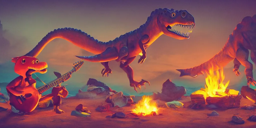 Image similar to A dinosaur playing the guitar beside a campfire, claymation, peaceful, pastel, sharp, Trending on ArtStation, Photorealistic, 8k, Detailed