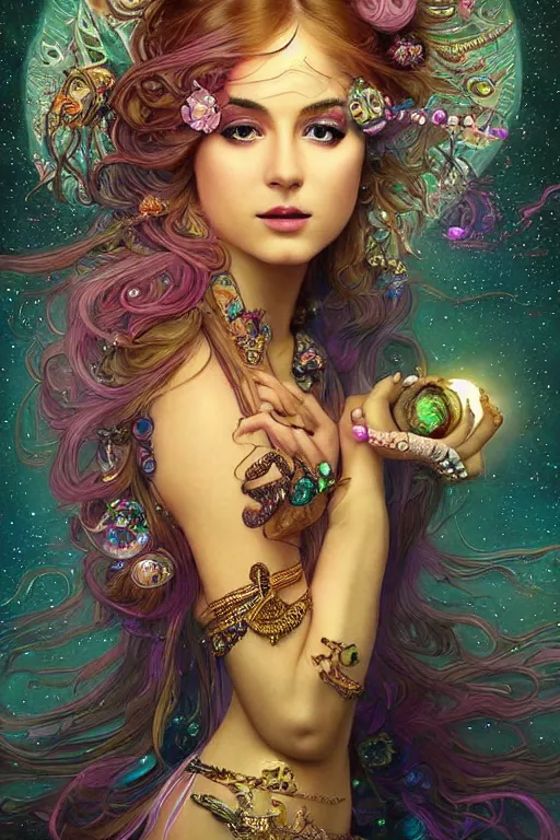 Prompt: psychedelic, intricate, highly detailed, digital painting, 4k, illustration, gorgeous seductive Goddess holding a black cube hovering above the sea, with professional makeup, long trippy hair, surrounded by gems, underneath the stars, trending on patreon, deviantart, twitter, artstation, volumetric lighting, heavy contrast, by artgerm and Greg Rutkowski and alphonse mucha