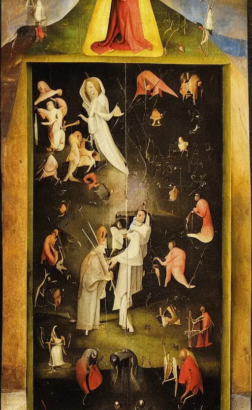 Prompt: two men in love seperated by a deity, on one side is light on the other is darkness in the style of hieronymus bosch, lots of colour