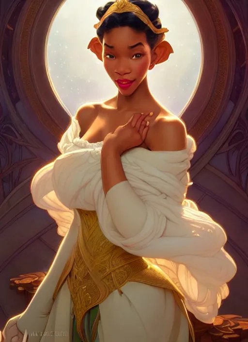 Image similar to portrait of disney tiana, intricate, elegant, highly detailed, my rendition, digital painting, artstation, concept art, smooth, sharp focus, illustration, art by artgerm and greg rutkowski and alphonse mucha and uang guangjian and gil elvgren and sachin teng, symmetry!!