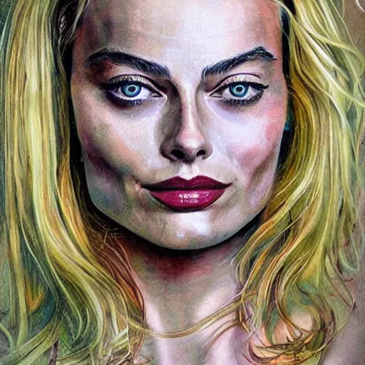 Image similar to surreal portrait of superfit margot robbie,, artwork by daniel merriam,