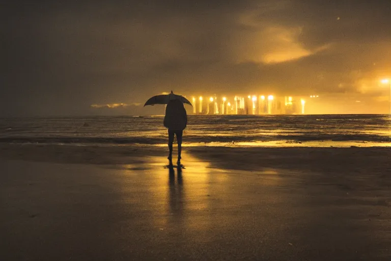 Image similar to cyberpunk beach, 4k, award winning, photography, night, rainy, HD, detailed