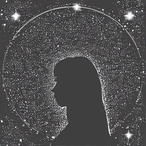 Image similar to a silhouette of a long haired woman, outer space, hearts, album art,