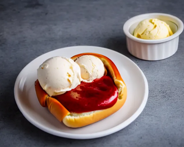 Image similar to dslr food photograph of vanilla ice cream with ketchup on, and slices of hotdog, 8 5 mm f 1. 4