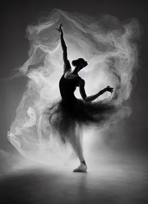 Image similar to a Photorealistic dramatic hyperrealistic render of a glamorous beautiful Female smoke dancer by Ken Brower and Deborah Ory of NYC Dance project,Lois Greenfield,Flowing cloth and smoke,Beautiful dynamic dramatic dark moody lighting,volumetric,shadows,cinematic atmosphere,Octane render,8K