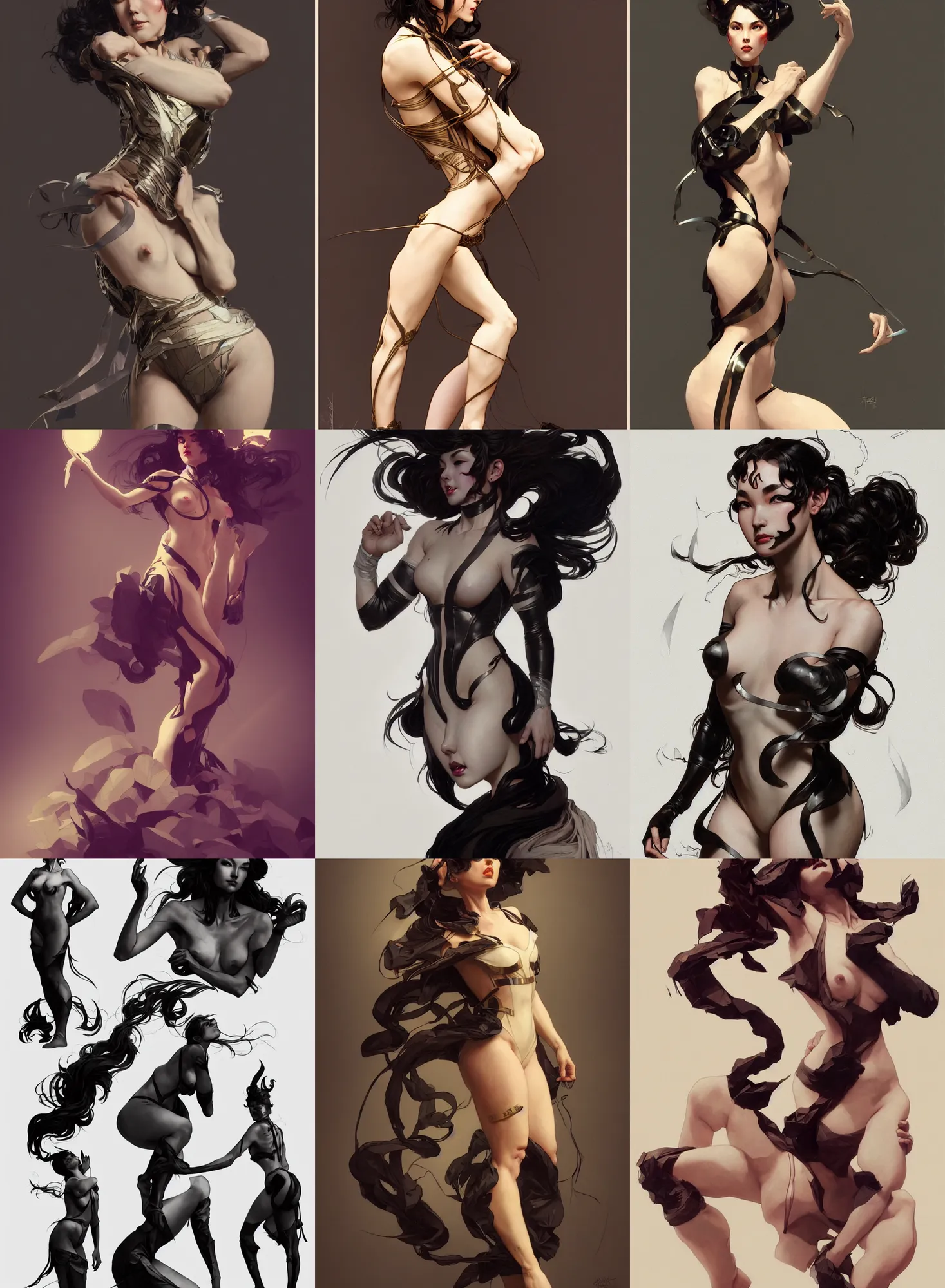 Image similar to digital concept art by artgerm, tooth wu, bierstadt, gurney, stalenhag and alphonse mucha. namilia. just one lonely black tape project attctive showgirl!! full body!! contour light effect!! 8 k, stage light. octane render. sharp edge. ultra clear detailed, sitting pose