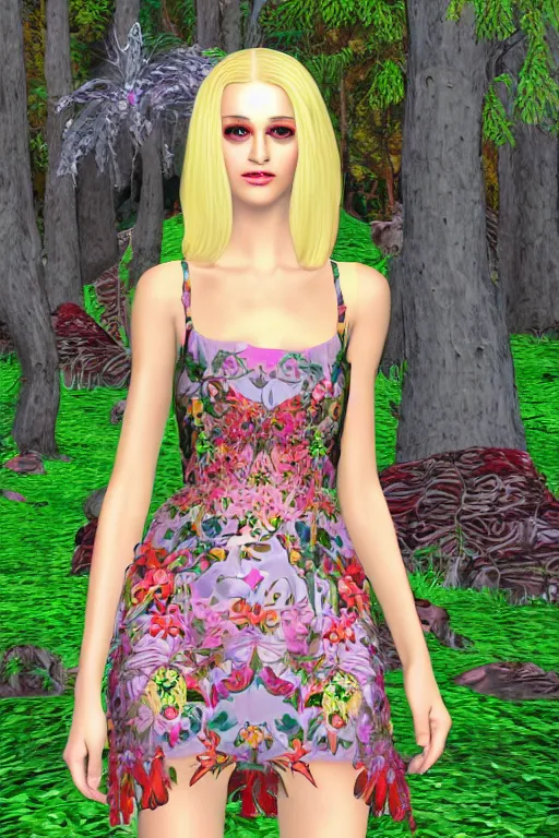 Image similar to beautiful blonde model wearing ornate floral valentino resort ss 2 0 1 6 dress in a 3 d psx rpg style, magical alien forest environment, fashion gameplay screenshot, highly detailed