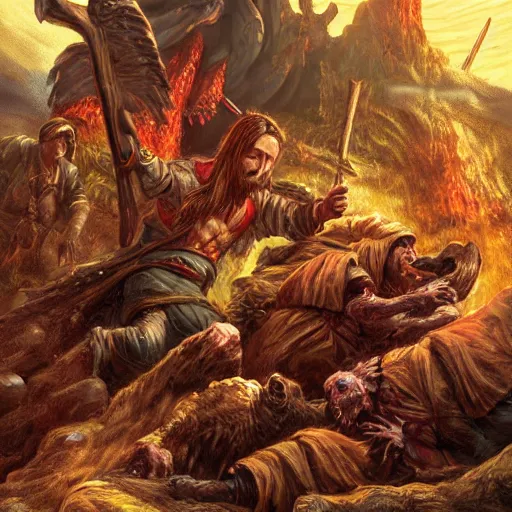 Prompt: jesus killing red monsters on a pile of corpses, in hell, black moutains, golden sun, beautiful, trending on artstation, intricate