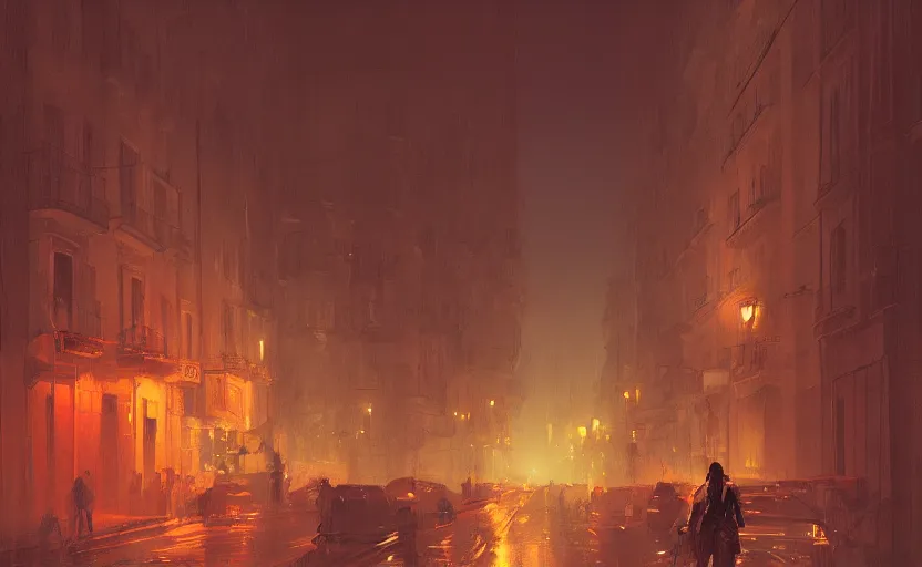 Prompt: Madrid city streets at night, Greg Rutkowski, digital art, artstation